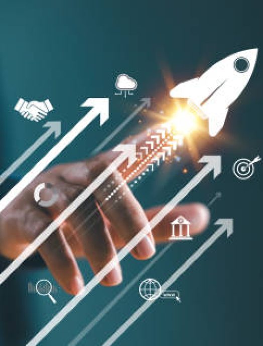 Growth strategy busines trend concept. Businessman hand on arrow investment icon. Increase sale marketing, increase success potential, soar rocket towards wealth. Competitive business goal plan